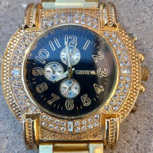 Mens GENEVA Oversized Wrist Watch Gold Rapper Bling Bling